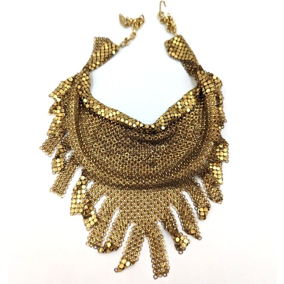 Whiting & Davis Gold Tone Chainmail Metal Fringed Vintage Bib Necklace 1970s - Picture 9 of 14